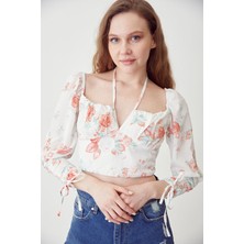 Lime Moda Çiçek Desen Crop-Nar Çiçeği