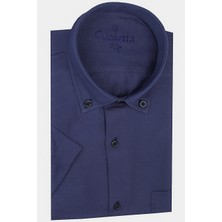 Varetta Erkek Lacivert Kısa Kol Klasik Kesim Yaka Düğmeli Pamuk Saten Gömlek