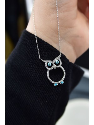 925 Ayar Gümüş Rodyum Kaplama Mineli Nazar Gözlü Baykuş Kolye