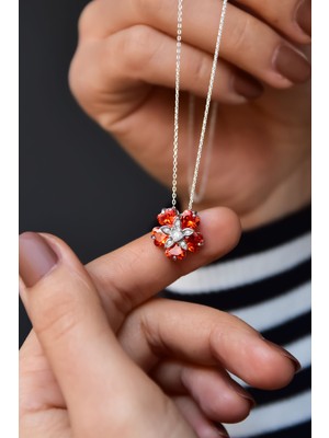 925 Ayar Gümüş Rodyum Kaplama Turuncu Taşlı Mine Çiçeği Kadın Kolye