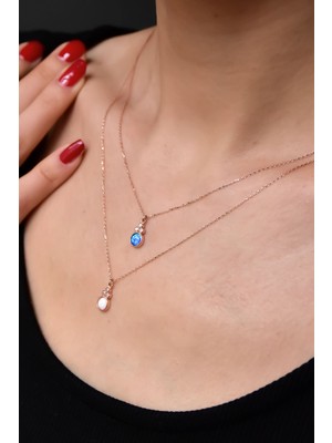 925 Ayar Gümüş Rose Kaplama Asansörlü Opal Beyaz ve Mavi Taşlı Kolye