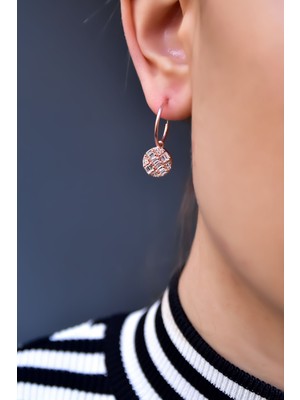 925 Ayar Gümüş Rose Kaplama Baget Taşlı  Yuvarlak Halka Küpe