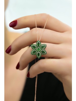 925 Ayar Gümüş Rose Kaplama Zümrüt Yeşili Damla Lotus Kolye