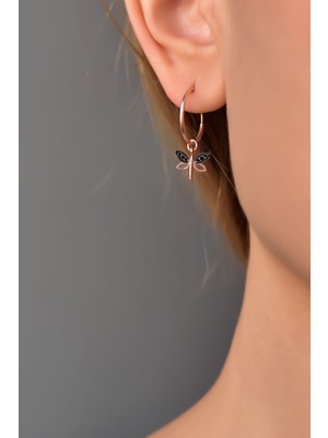 Papatya Silver 925 Ayar Gümüş Rose Kaplama Siyah Taşlı Yusufçuk Halka Küpe