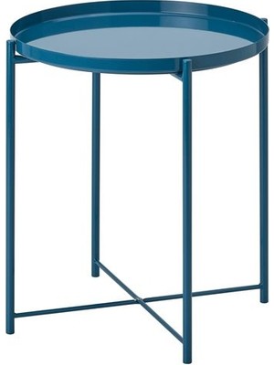 IKEA Tepsili Sehpa, Yuvarlak Mavi Renk Meridyendukkan Çıkarılabilir Tepsi - Modern Sehpa 45X53 cm