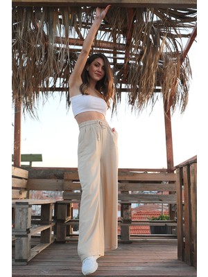 Vpr Moda Geniş Kemerli Bol Paça Düz Keten Kadın Pantolon