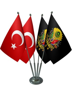 Masa Üstü Siyah Osmanlı Arması Bayrağı Türk Bayrağı Dörtlü Krom Direk Masa Bayrak Seti