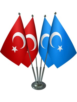 Masa Üstü Doğu Türkistan Bayrağı Türk Bayrağı Dörtlü Krom Direk Masa Bayrak Seti