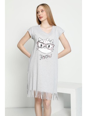 Zbteks Meow You Desenli Penye Pamuklu Günlük Elbise