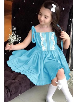 Riccotarz Kız Çocuk Önü Dantel Işlemeli Ip Askılı ve Etek Ucu Fırfırlı Mavi Elbise