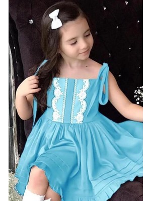Riccotarz Kız Çocuk Önü Dantel Işlemeli Ip Askılı ve Etek Ucu Fırfırlı Mavi Elbise