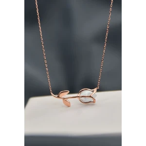 925 Ayar Gümüş Rose Kaplama Beyaz Opal Lale Kolye