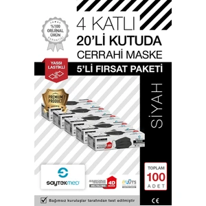 Saytekmed Iki Kat Meltblown Koruması, 4 Katlı Siyah Cerrahi Maske (100 Adet/5 Kutu)