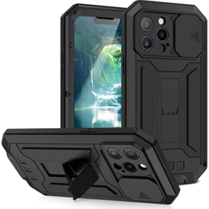 iPhone 13 Pro Max Için Toza Suya Dayanıklı Temperli Camlı Standlı Metal Koruyucu Kılıf - Siyah  (Yurt Dışından)
