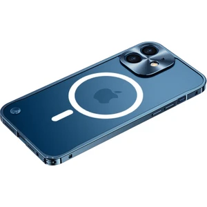 iPhone 12 Mini Için Çizilmez Mat Temperli Cam + Manyetik Kablosuz Şarjlı Metal Koruyucu Kılıf - Mavi  (Yurt Dışından)