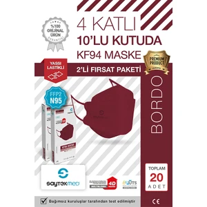 Saytekmed N95/FFP2 Kore Tipi 4 Katlı Bordo Maske, Tekli Poşet, Uv Steril (2 Kutu/ 20 Adet)
