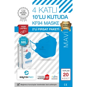 Saytekmed N95/FFP2 Kore Tipi 4 Katlı Mavi Maske, Tekli Poşet, Uv Steril (2 Kutu/ 20 Adet)