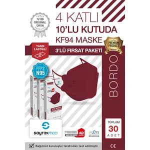 Saytekmed N95/FFP2 Kore Tipi 4 Katlı Bordo Maske, Tekli Poşet, Uv Steril (3 Kutu/30 Adet)