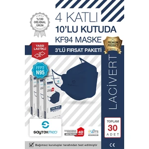 Saytekmed N95/FFP2 Kore Tipi 4 Katlı Lacivert Maske, Tekli Poşet, Uv Steril (3 Kutu/30 Adet)