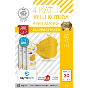 Saytekmed N95/FFP2 Kore Tipi Sarı Maske, Tekli Poşet, Uv Steril (3 Kutu / 30 Adet)