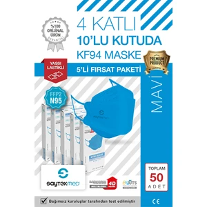 Saytekmed N95/FFP2 Kore Tipi 4 Katlı Mavi Maske, Tekli Poşet, Uv Steril (5 Kutu/ 50 Adet)