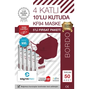 Saytekmed N95/FFP2 Kore Tipi 4 Katlı Bordo Maske, Tekli Poşet, Uv Steril (5 Kutu/ 50 Adet)