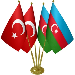 Masa Üstü Azerbaycan Bayrağı Türk Bayrağı Dörtlü Pirinç Direk Masa Bayrak Seti