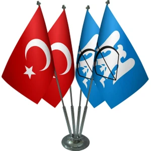 Masa Üstü Selçuklu Devleti Bayrağı Türk Bayrağı Dörtlü Krom Direk Masa Bayrak Seti