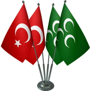 Masa Üstü Yeşil Üç Hilal Sancağı Türk Bayrağı Dörtlü Krom Direk Masa Bayrak Seti