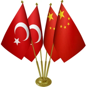 Masa Üstü Çin Bayrağı Türk Bayrağı Dörtlü Pirinç Direk Masa Bayrak Seti