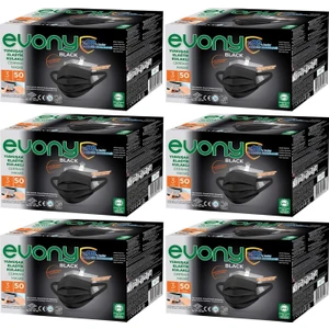 Evony 3 Katlı Filtreli Burun Telli Cerrahi Maske 300 Lü Set Siyah/Black (Yumuşak Elastik Kulaklı)
