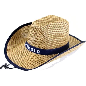 Bağcıklı Yetişkin Hasır Kovboy Şapkası Lacivert Şeritli