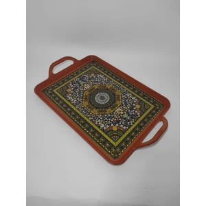 modern ethnic desenli 39-26 cm motif ışlemeli servis sunum çay tepsisi karamel