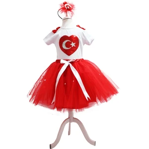 Türk Bayrağı Kalpli Payetli Kırmızı Kız Çocuk Tütü Takım - 23 Nisan Kostüm