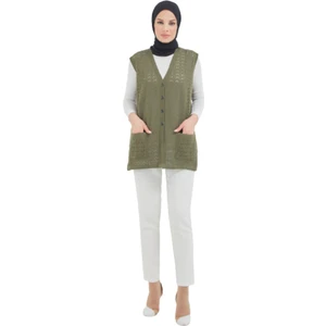 Fresh Moda Düğmeli Haki Merserize Yelek