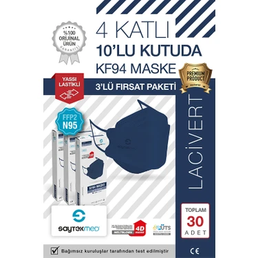 Saytekmed N95/FFP2 Kore Tipi 4 Katlı Lacivert Maske, Tekli Poşet, Uv Steril (3 Kutu/30