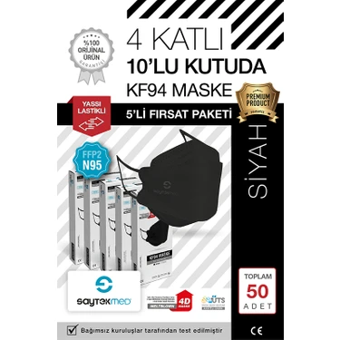 Saytekmed N95/FFP2 Kore Tipi 4 Katlı Siyah Maske, Tekli Poşet, Uv Steril (5 Kutu/ 50