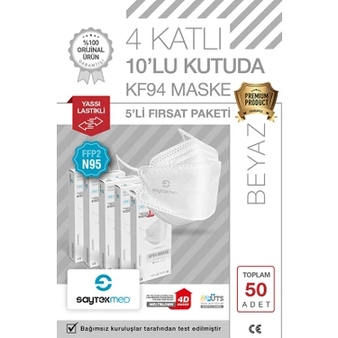 Saytekmed N95/FFP2 Kore Tipi 4 Katlı Beyaz Maske, Tekli Poşet, Uv Steril (5 Kutu/ 50