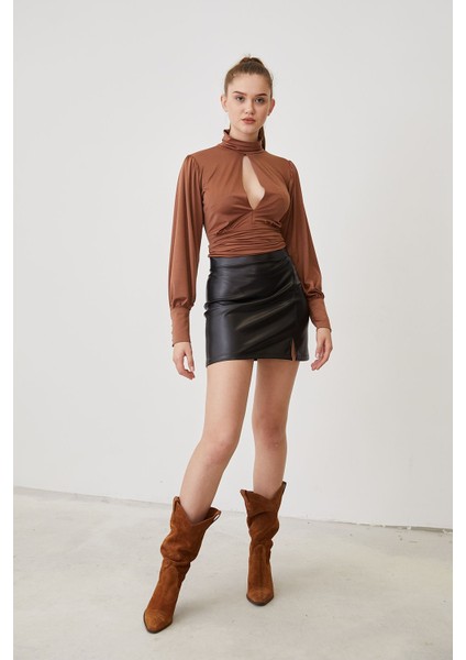 Bel Bağlamalı Bluz-Kahve