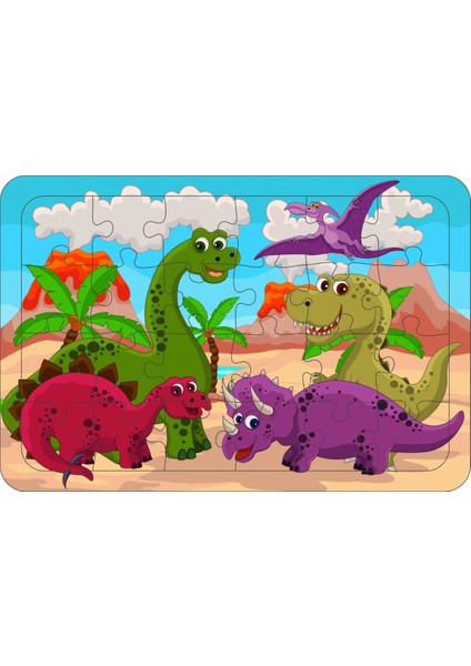 Güven Serigrafi Dinozor 3  24 Parça Ahşap Çerçeveli Puzzle Yapboz