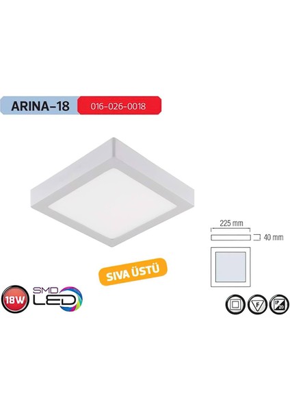 18W Kare LED Panel Armatür Sıva Üstü 3000K Gün Işığı Arina