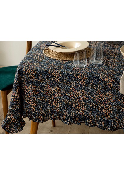 English Home Florals Polycotton Fırfırlı Masa Örtüsü 150 x 220 cm Lacivert