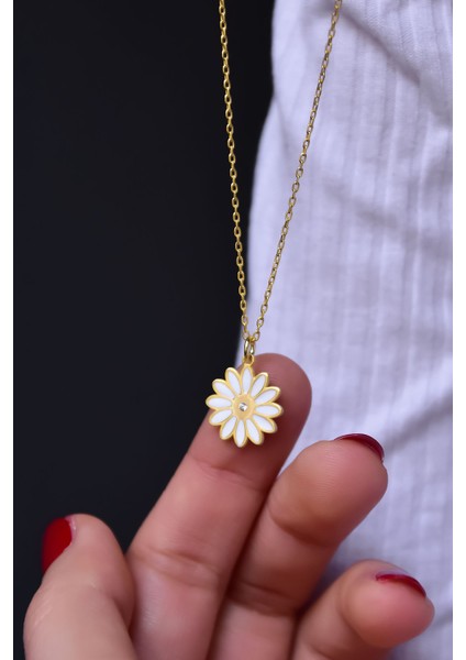 925 Ayar Gümüş Gold Kaplama 0,01 Karat Pırlanta Beyaz Mineli Gerbera Çiçeği Kolye fiyatları