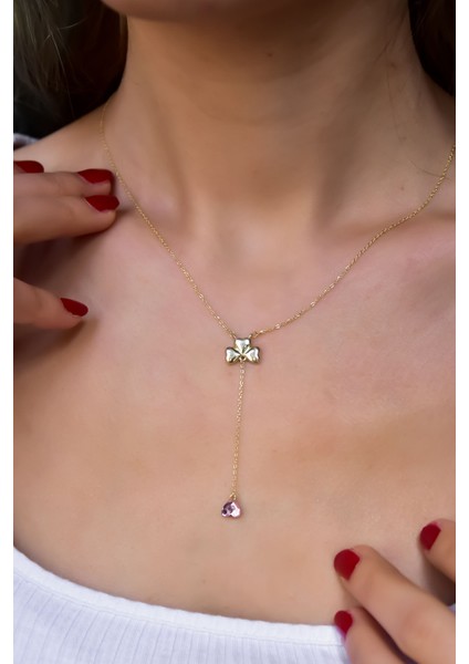 925 Ayar Gold Kaplama Pembe Taşlı Kalp Yonca Kadın Kolye fırsatları