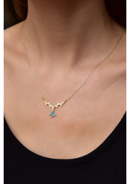 925 Ayar Gümüş Gold Kaplama Sarmaşık Dallı Firuze Taşlı Kelebek Kolye fiyatları