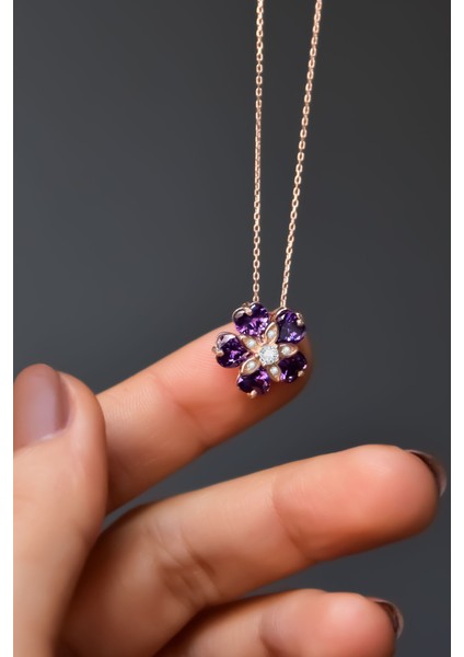 925 Ayar Gümüş Rose Kaplama Mor Taşlı Mine Çiçeği Kadın Kolye fiyatları