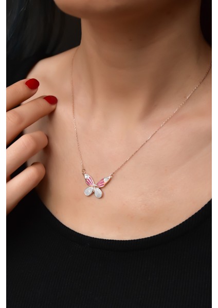 925 Ayar Gümüş Rose Kaplama Pembe Sedef Mineli Kelebek Kolye Model 1