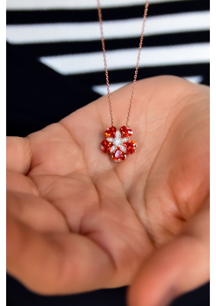 925 Ayar Gümüş Rose Kaplama Turuncu Taşlı Mine Çiçeği Kadın Kolye