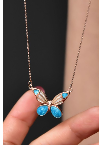 925 Ayar Gümüş Rose Kaplama Mavi Sedef Mineli Kelebek Kolye fiyatları