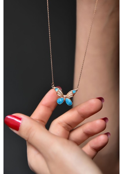 925 Ayar Gümüş Rose Kaplama Mavi Sedef Mineli Kelebek Kolye modelleri
